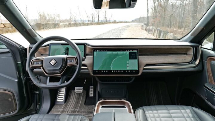 Rivian R1S infotainment display representing the RivianOS 2 software update