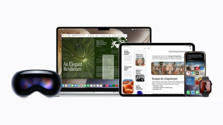 Apple devices showing Siri AI across iPhone, iPad, Mac, Apple Watch and Vision Pro