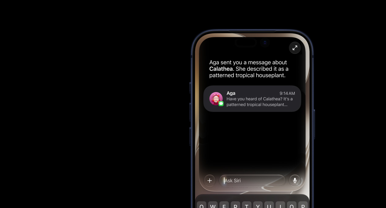 Siri AI on iPhone in iOS 27 showing personal context from a Messages conversation. Image: Apple.