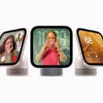 Apple HomeView smart display in five angles and colours showing FaceTime, weather, home controls and media (Apple Newsroom)