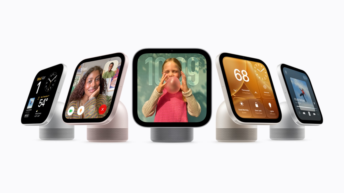 Apple HomeView smart display in five angles and colours showing FaceTime, weather, home controls and media (Apple Newsroom)