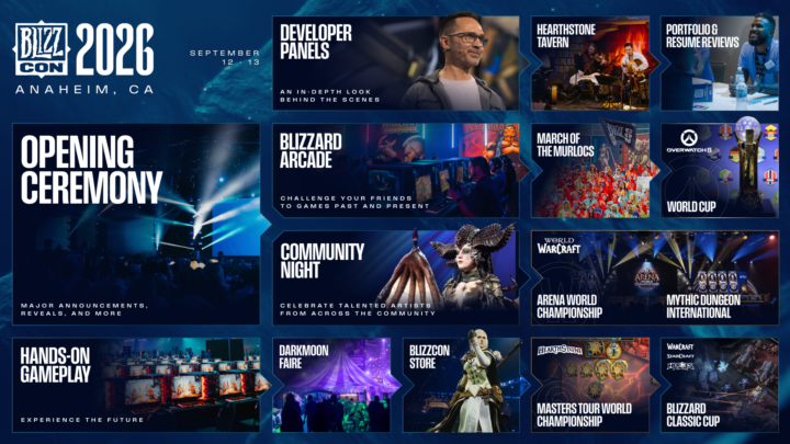 BlizzCon 2026 collage featuring Blizzard games, opening ceremony and community events